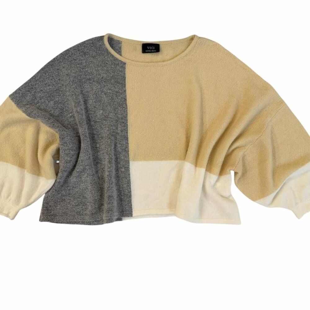 Vici color block sweater with gray, beige, and cream sections